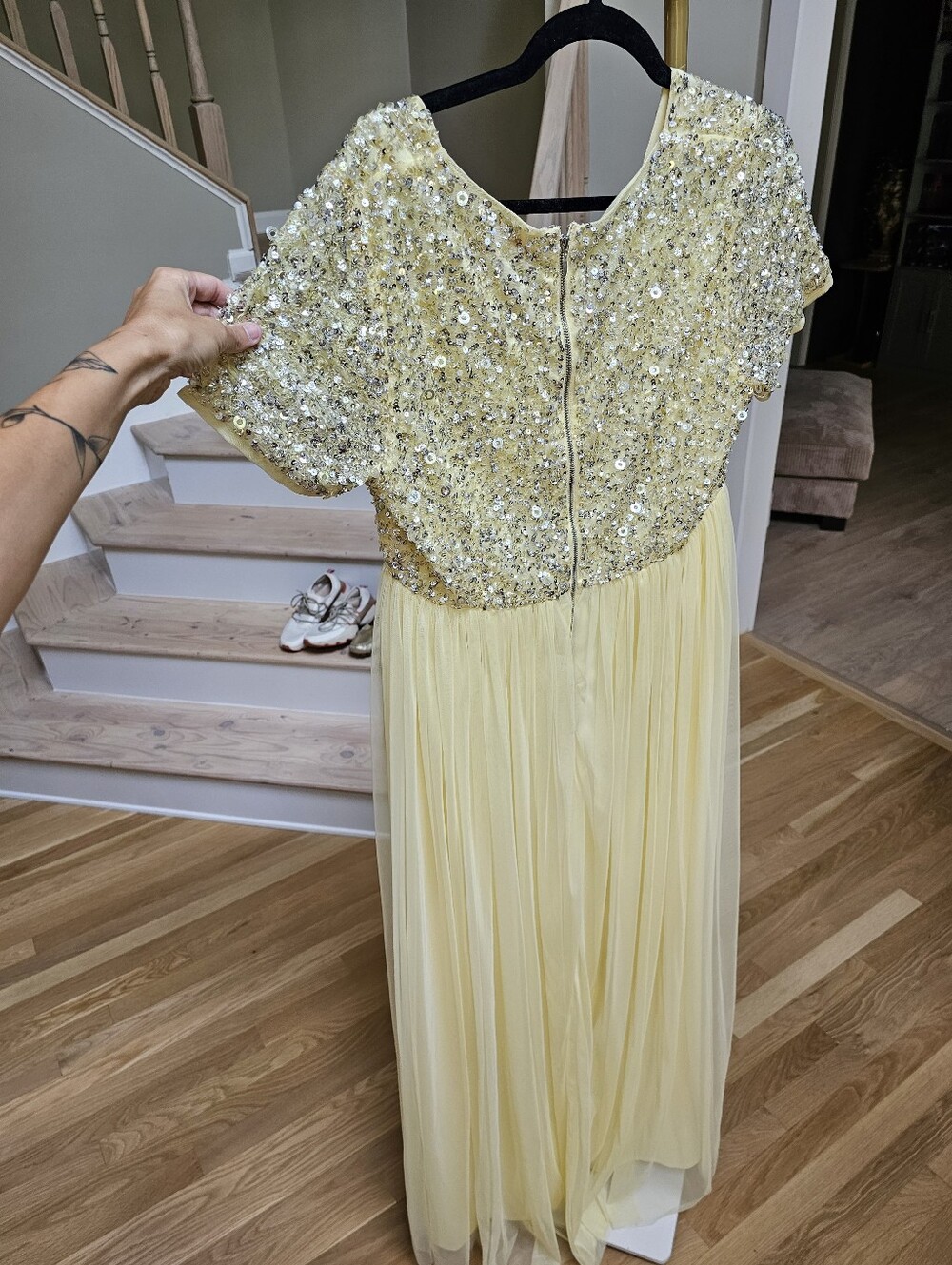 Maya Maternity Cap Sleeve Delicate Sequin Detail Tulle Maxi Dress in Lemon 10 - Picture 13 of 15